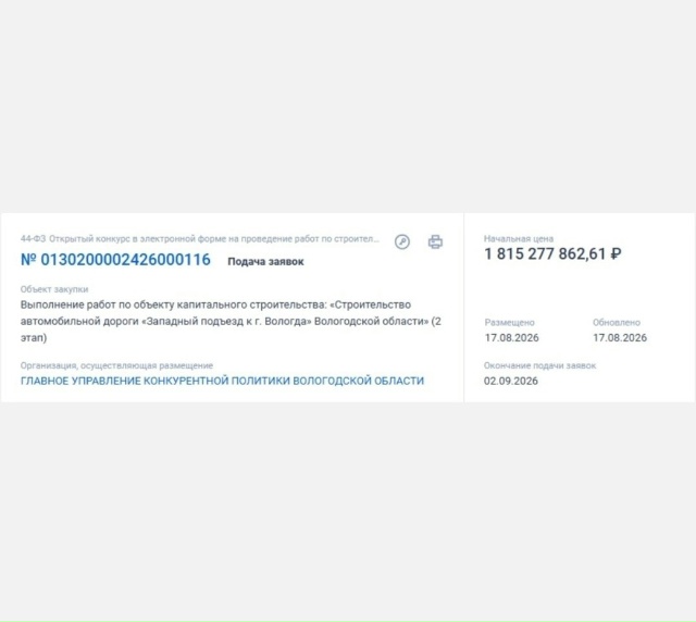 На второй этап строительства Западного подъезда к Вологде выделят около 1,8 миллиарда рублей